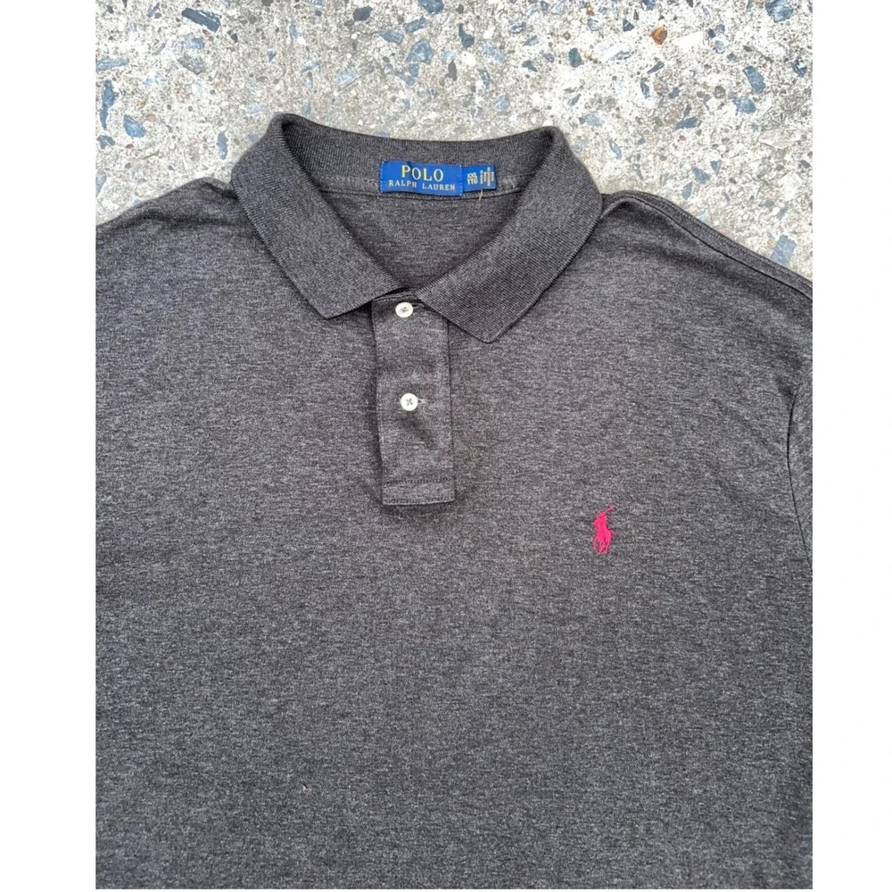 Polo Ralph Lauren Mens 2XL Polo Shirt Charcoal Grey Heather Burgundy Jersey